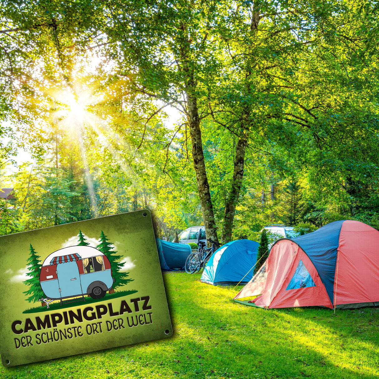 Campingplatz Metallschild mit Wohnwagen Motiv Wohnmobil Urlaub Hobby Natur Ort