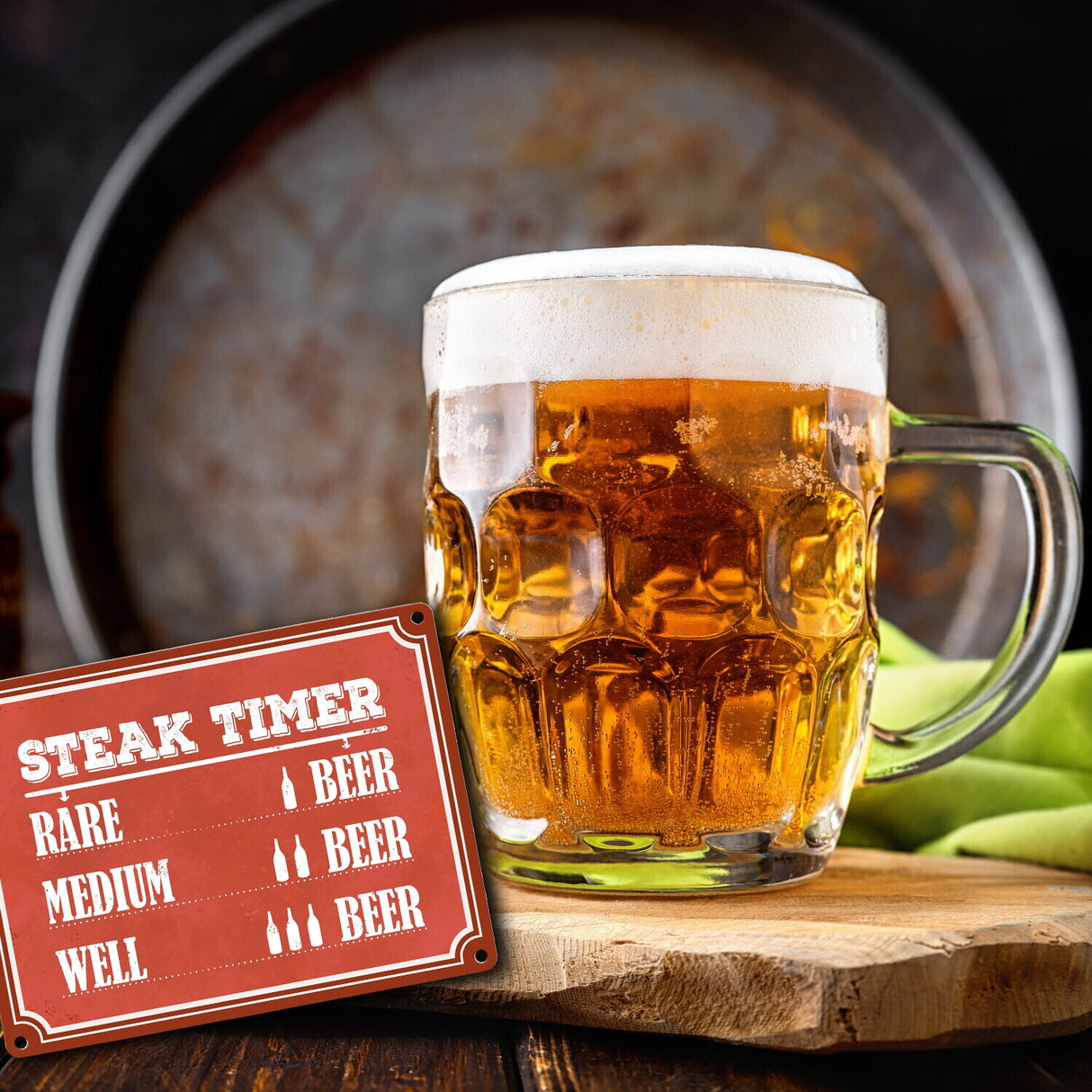 Steak Timer Metallschild Bier Grill grillen Fleisch Feier Freunde Hobby Rare Medium Well Done English