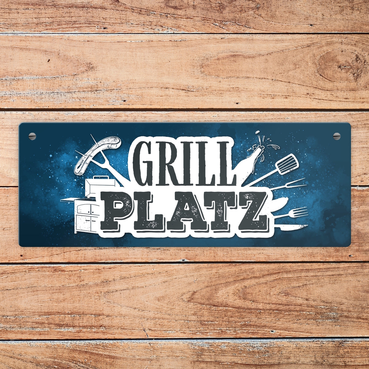 Grillplatz Metallschild Fleisch Wurst grillen Grill Bier Hobby Besteck Grillzange Freunde