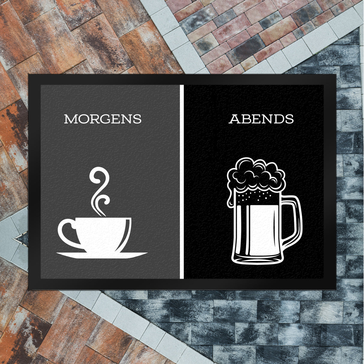 Morgengetränk und Abendgetränk Fußmatte Alkohol Kaffee Wein Bier Getränk Morgen Abend Genuss Ablauf