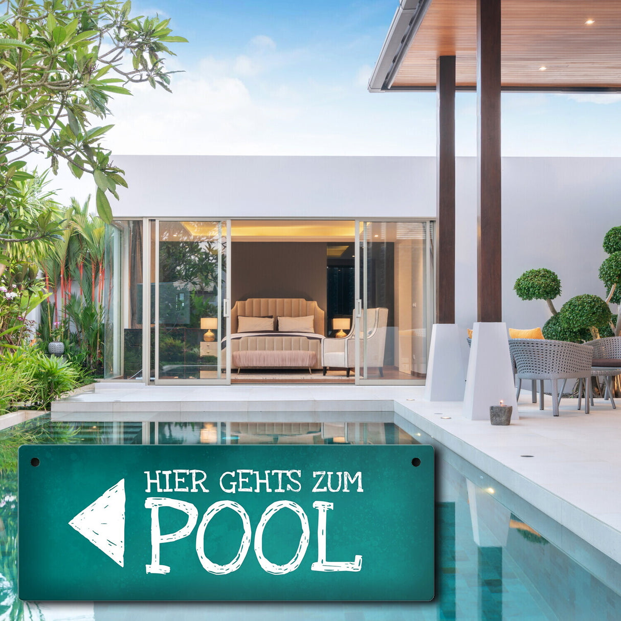 Hier geht’s zum Pool Metallschild Swimmingpool schwimmen tauchen Wasser abkühlen