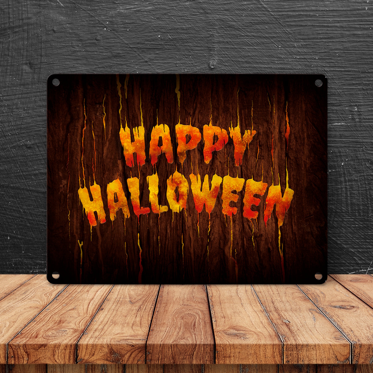 Happy Halloween Metallschild in Holz Optik Haustüre Türe Nacht Angst Hexe