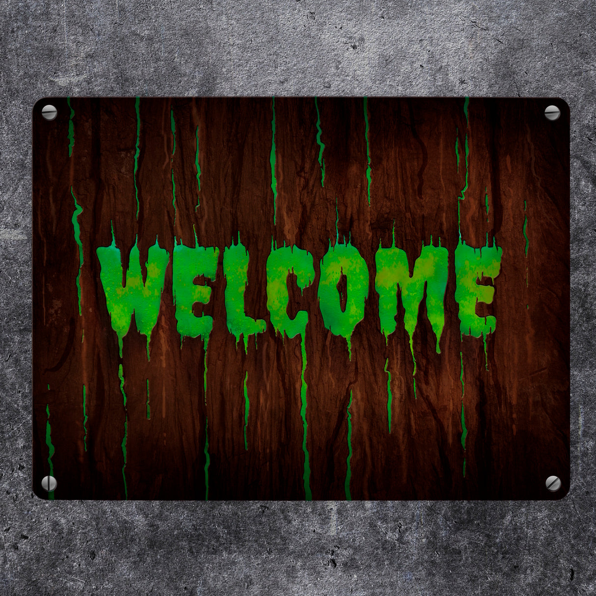 Welcome Metallschild in Holz Optik Halloween Teufel Hölle Kind Kinder Nacht