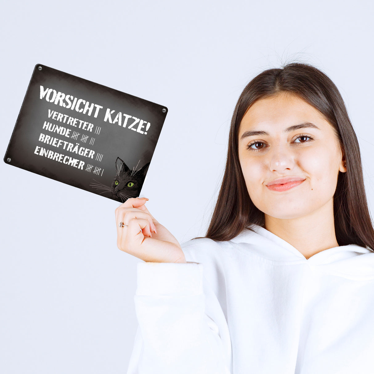 Vorsicht Katze! Metallschild mit Strichliste Motiv