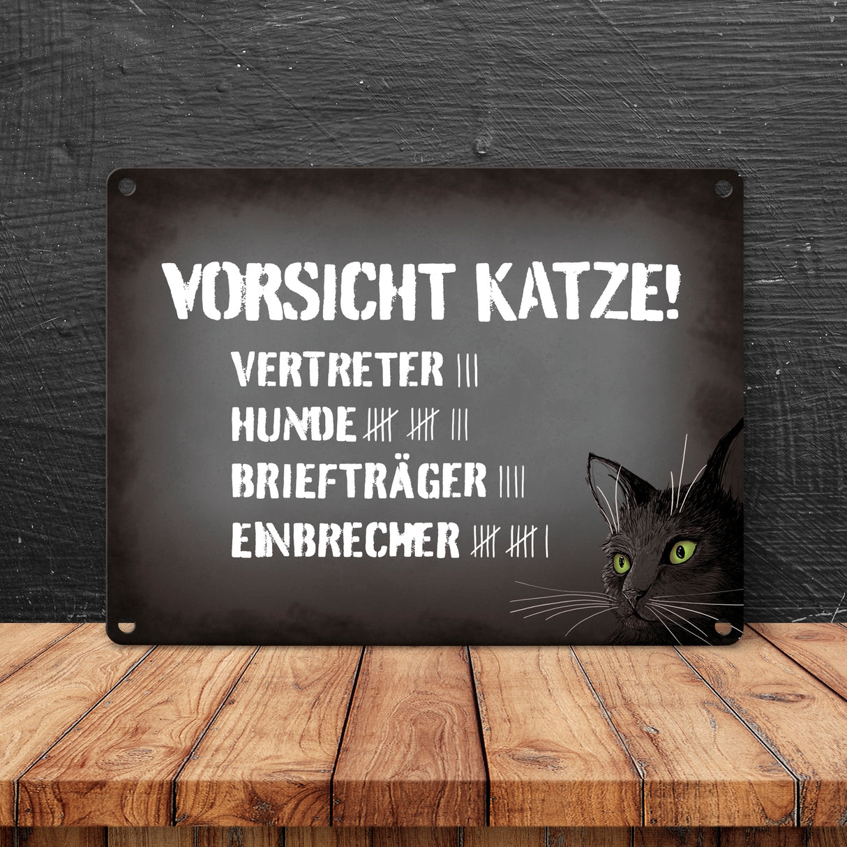 Vorsicht Katze! Metallschild mit Strichliste Motiv