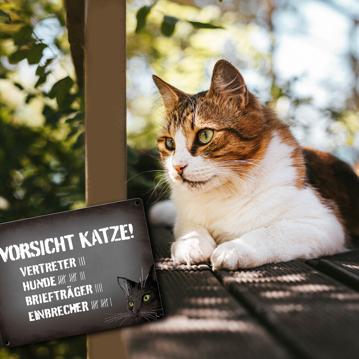 Vorsicht Katze! Metallschild mit Strichliste Motiv