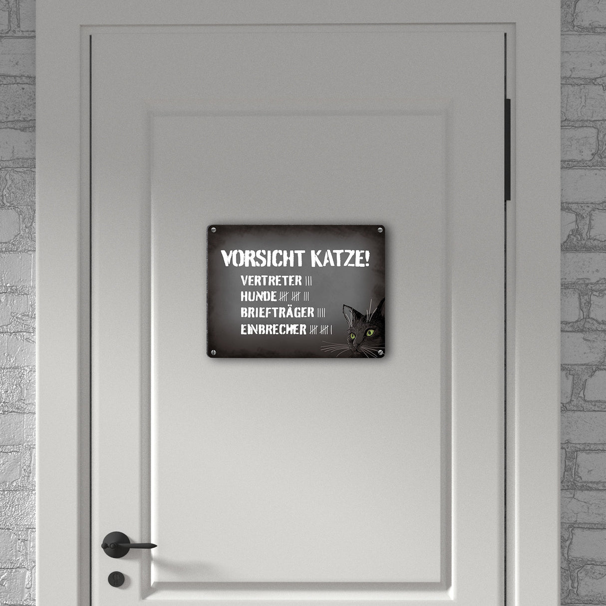 Vorsicht Katze! Metallschild mit Strichliste Motiv