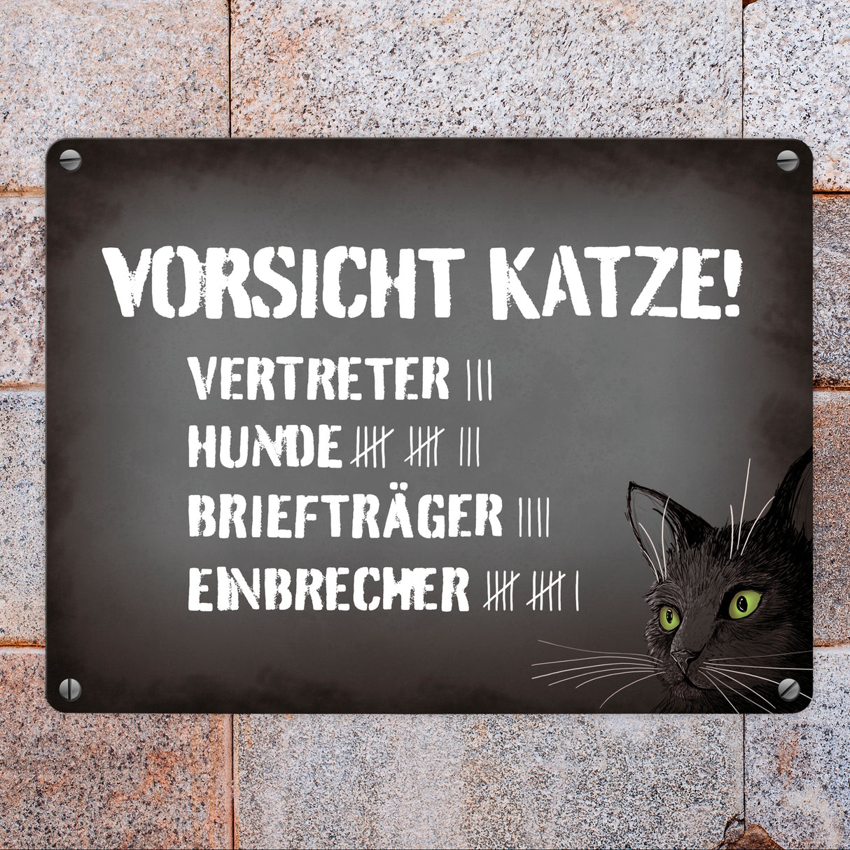 Vorsicht Katze! Metallschild mit Strichliste Motiv