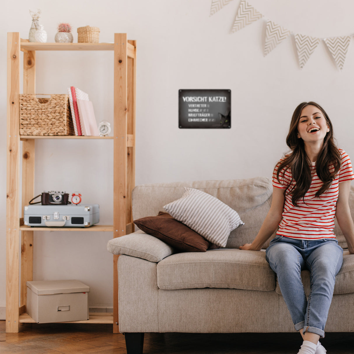Vorsicht Katze! Metallschild mit Strichliste Motiv