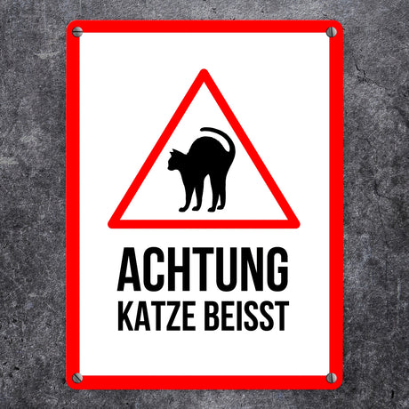 Achtung Katze beisst Metallschild mit Katzen Symbol