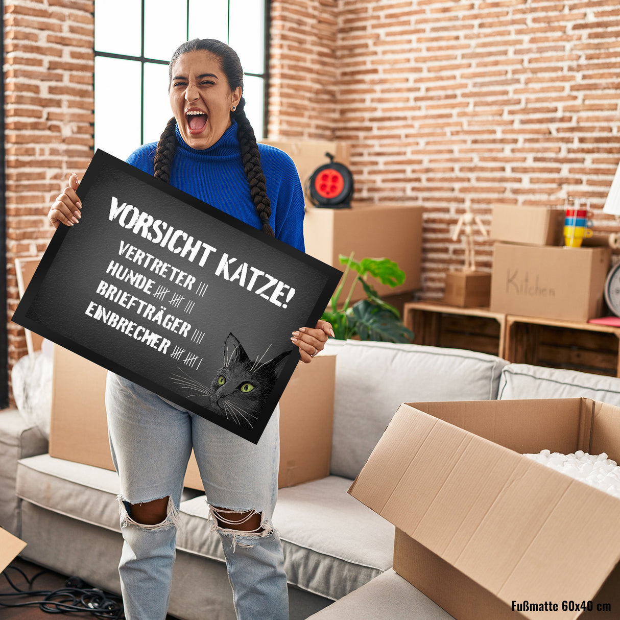 Vorsicht Katze Fußmatte mit Strichliste Motiv