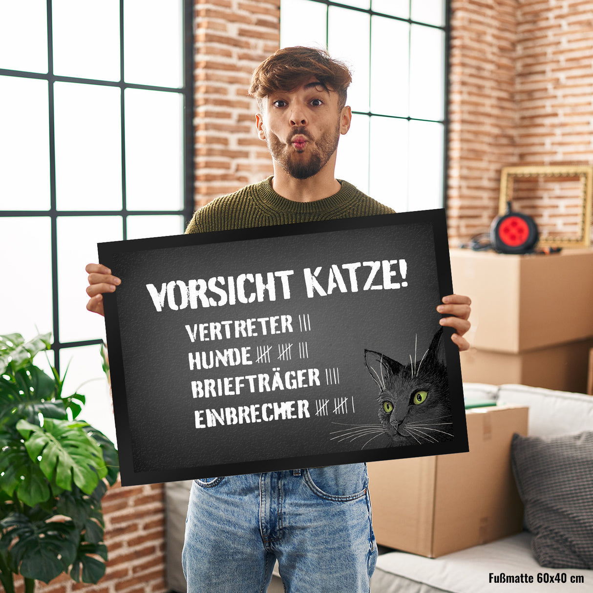 Vorsicht Katze Fußmatte mit Strichliste Motiv