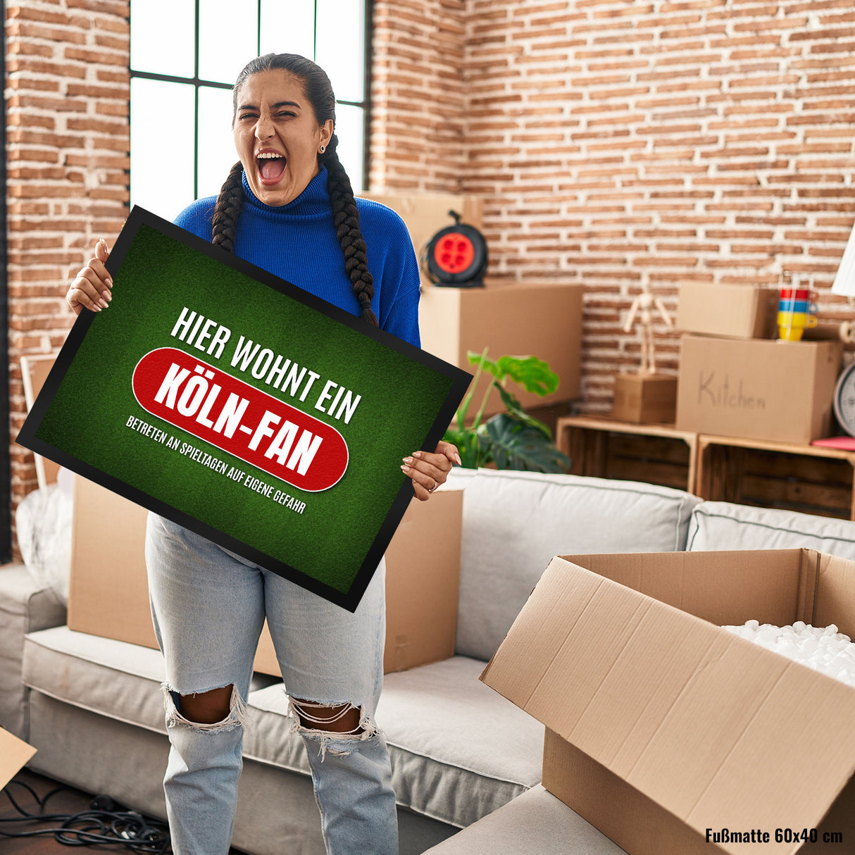 Hier wohnt ein Köln-Fan Fußmatte mit Rasen Motiv