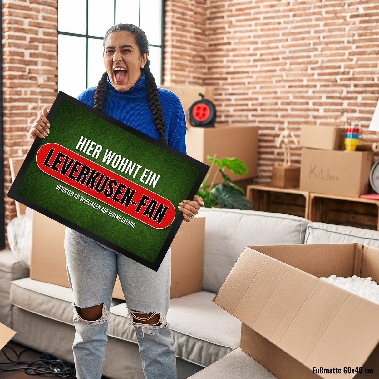 Hier wohnt ein Leverkusen-Fan Fußmatte mit Rasen Motiv