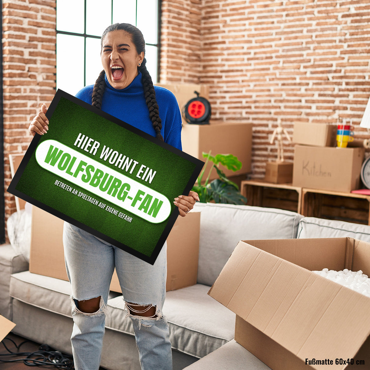 Hier wohnt ein Wolfsburg-Fan Fußmatte mit Rasen Motiv