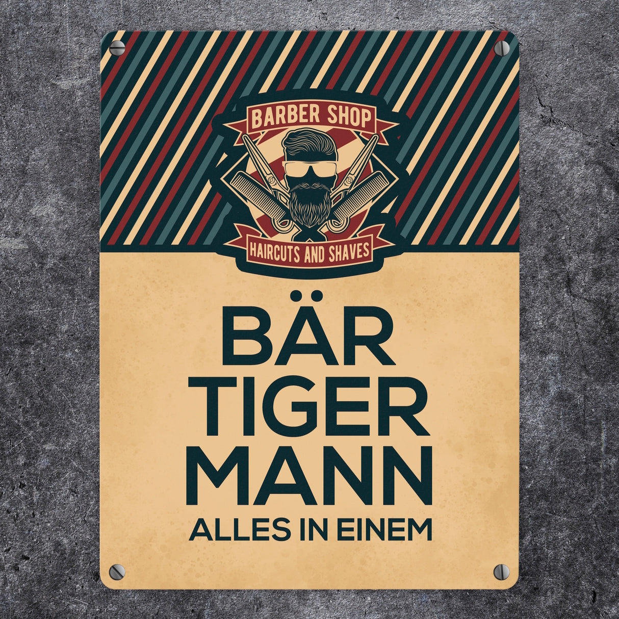 Bär-Tiger-Mann alles in einem Metallschild mit Barber-Shop Motiv