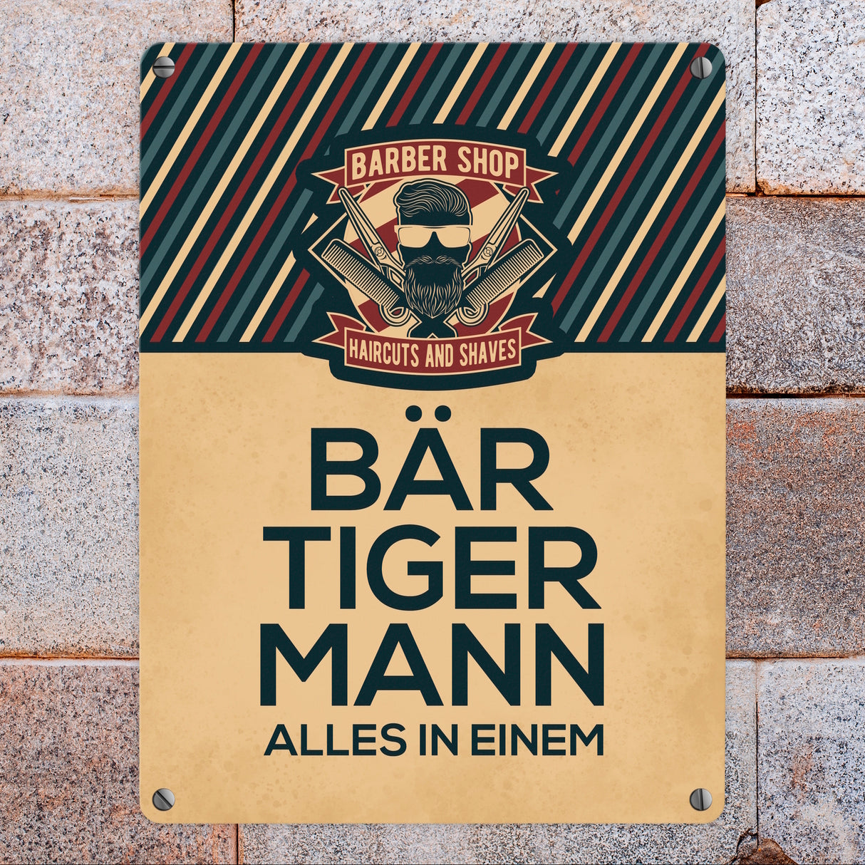 Bär-Tiger-Mann alles in einem Metallschild mit Barber-Shop Motiv