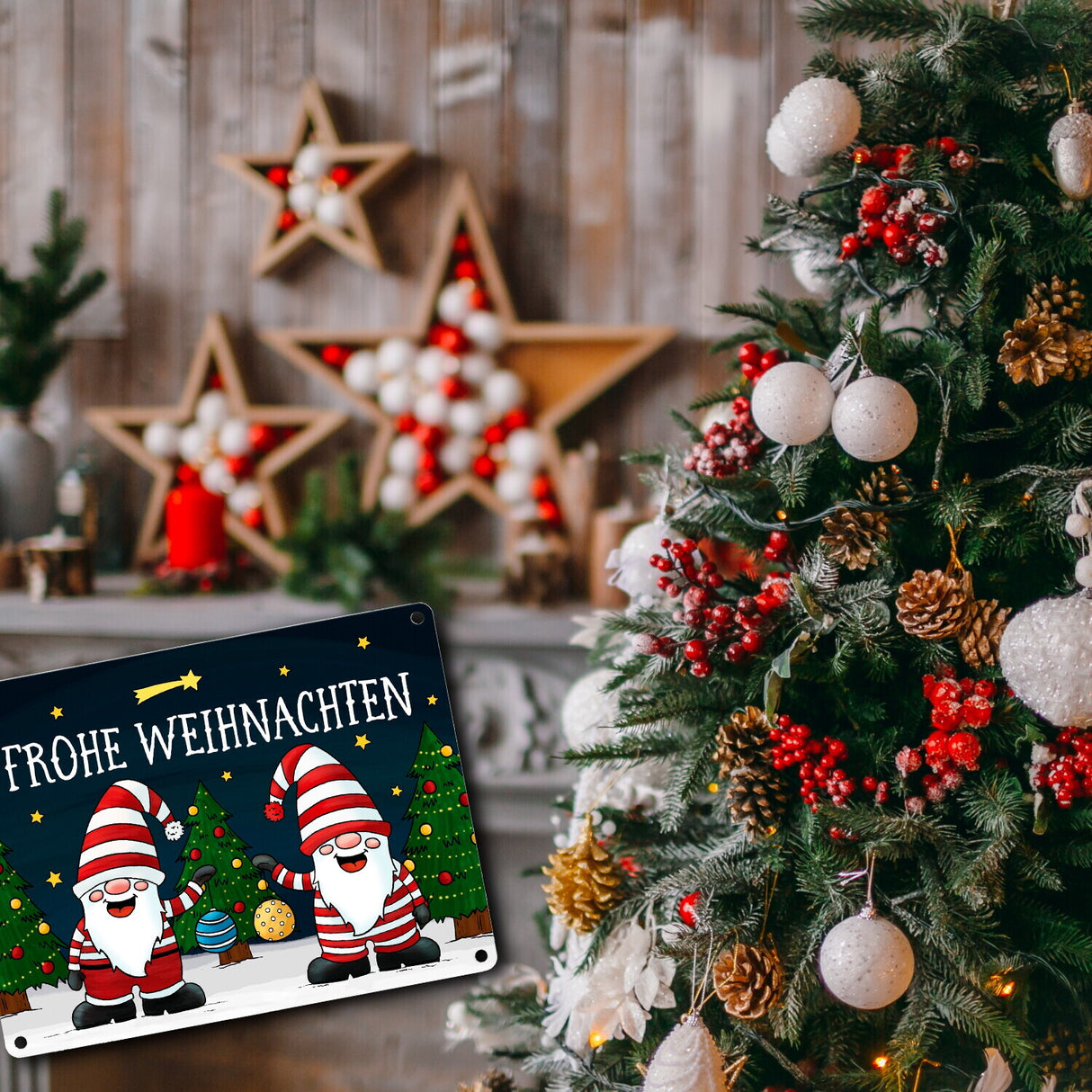 Weihnachtswichtel Metallschild - Weihnachten Advent Sterne Schnee Kugeln Geschenke Tannenbaum Christbaum