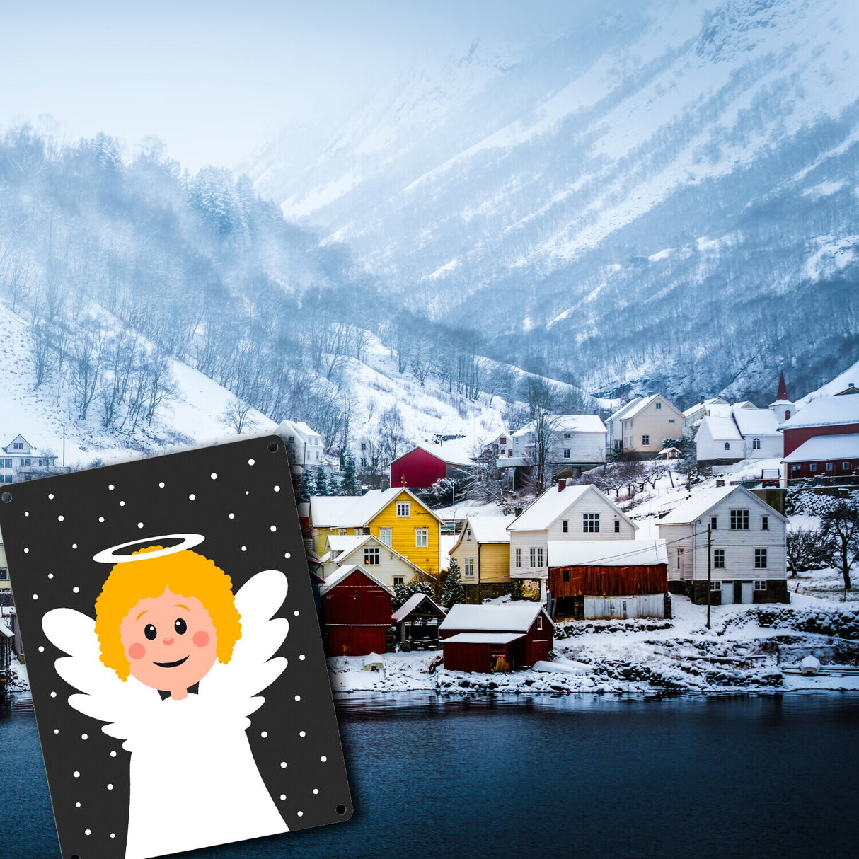 Weihnachtswesen im Schnee Metallschild - Weihnachten Engel Weihnachtsmann Rentier Wichtel Schneemann Tannenbaum Advent Liebe Winter