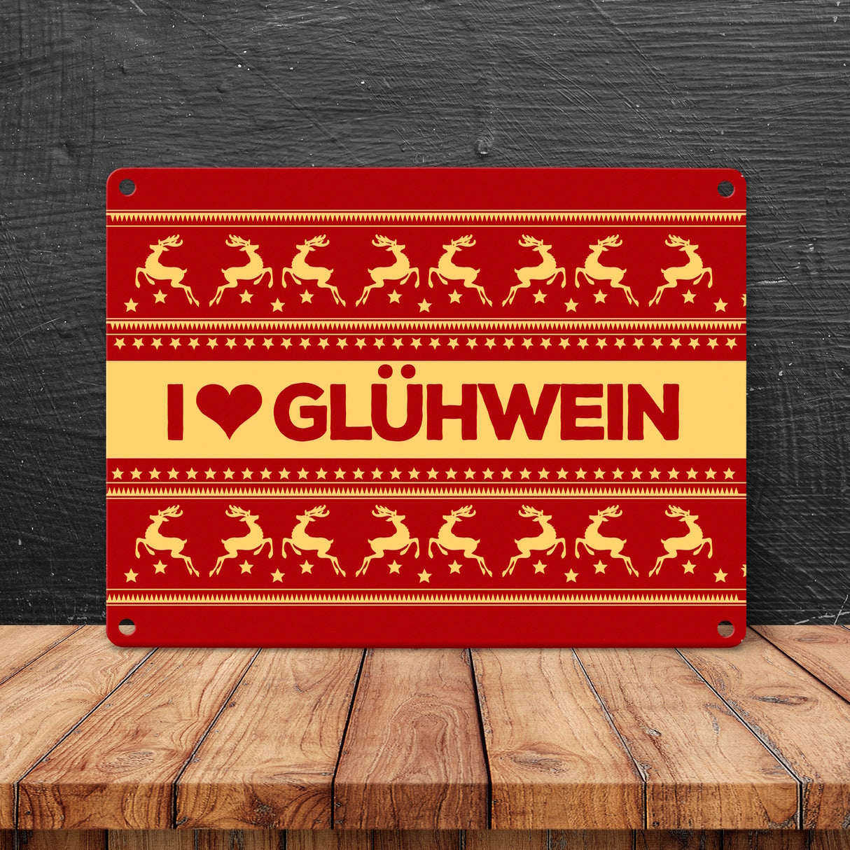I love Glühwein Metallschild mit Weihnachtsmuster Motiv - Weihnachten Herz Advent Muster Rentier Stern Punkte