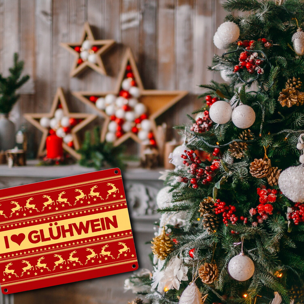 I love Glühwein Metallschild mit Weihnachtsmuster Motiv - Weihnachten Herz Advent Muster Rentier Stern Punkte