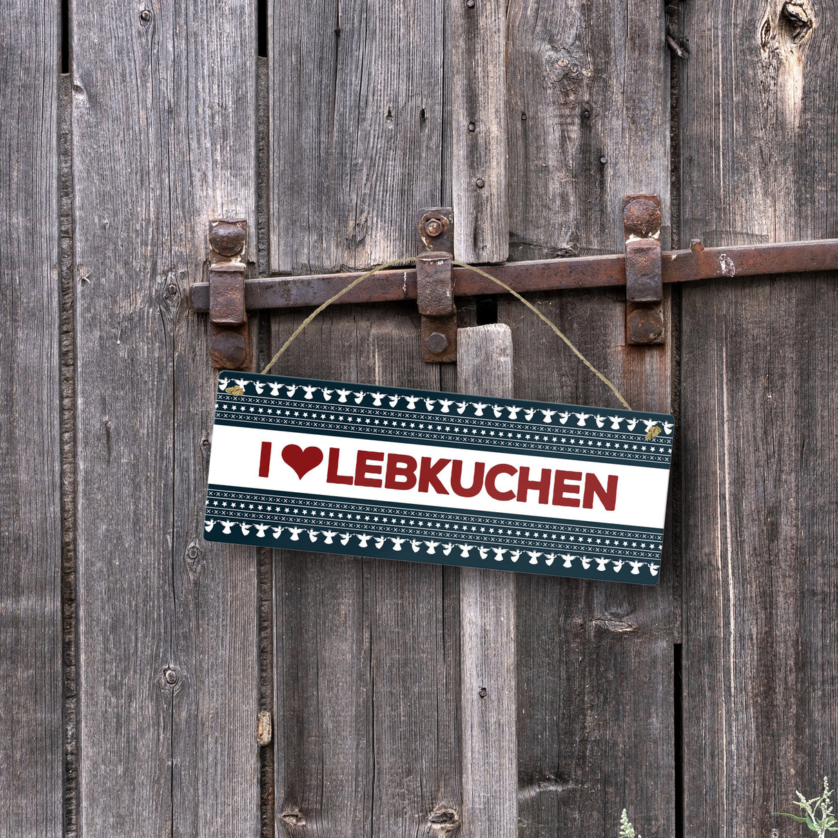 I love Lebkuchen Metallschild mit Weihnachtsmuster Motiv - Weihnachten Herz Engel Punkte Sterne