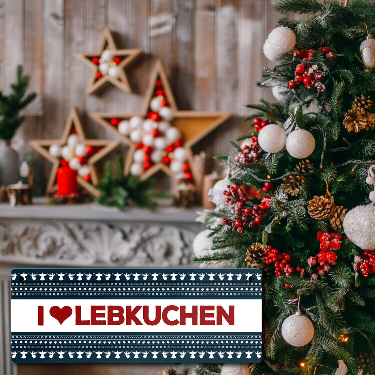 I love Lebkuchen Metallschild mit Weihnachtsmuster Motiv - Weihnachten Herz Engel Punkte Sterne