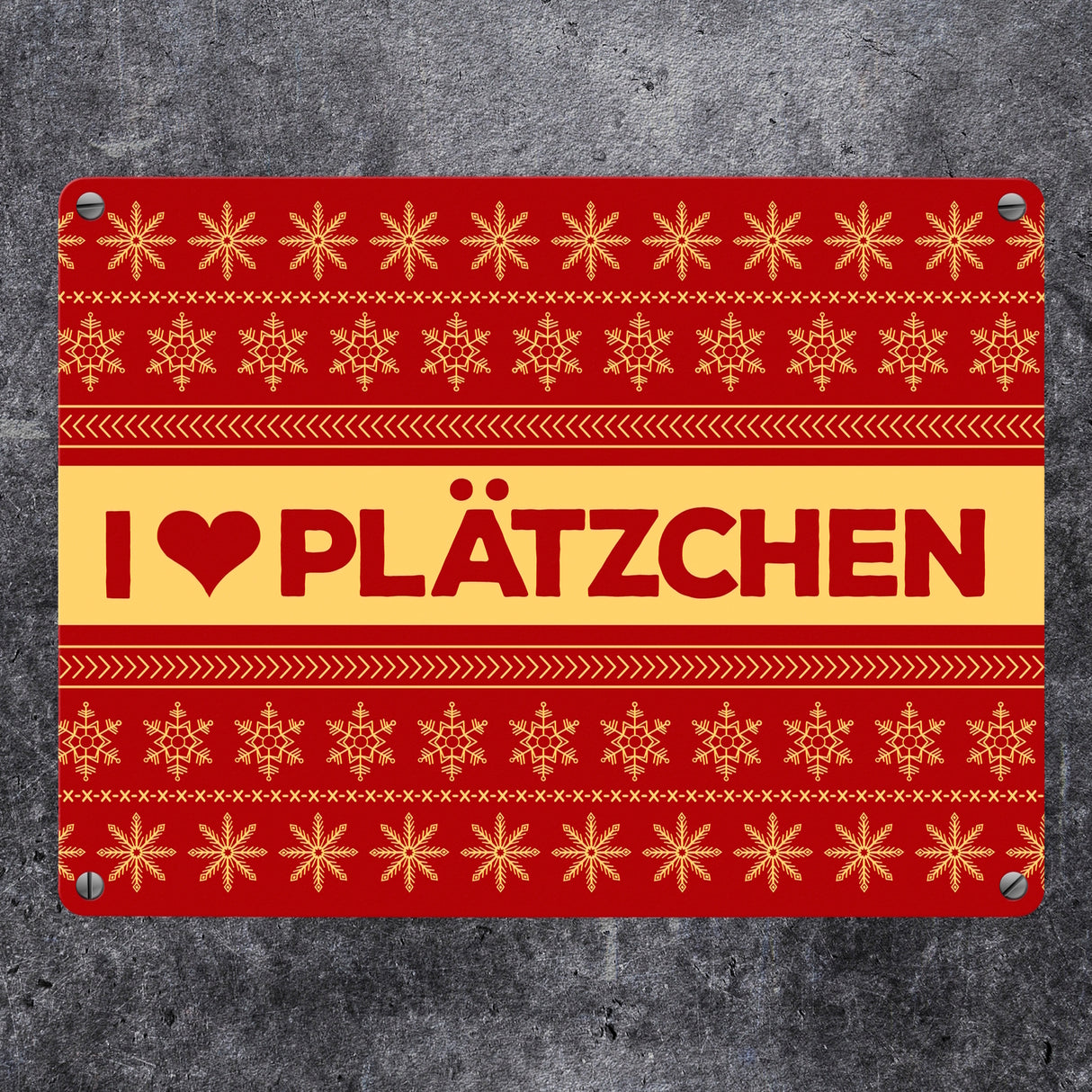 I love Plätzchen Metallschild mit Weihnachtsmuster Motiv - Weihnachten Herz Sterne Schnee Punkte Muster