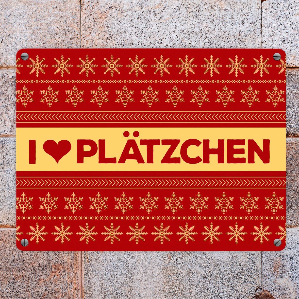 I love Plätzchen Metallschild mit Weihnachtsmuster Motiv - Weihnachten Herz Sterne Schnee Punkte Muster