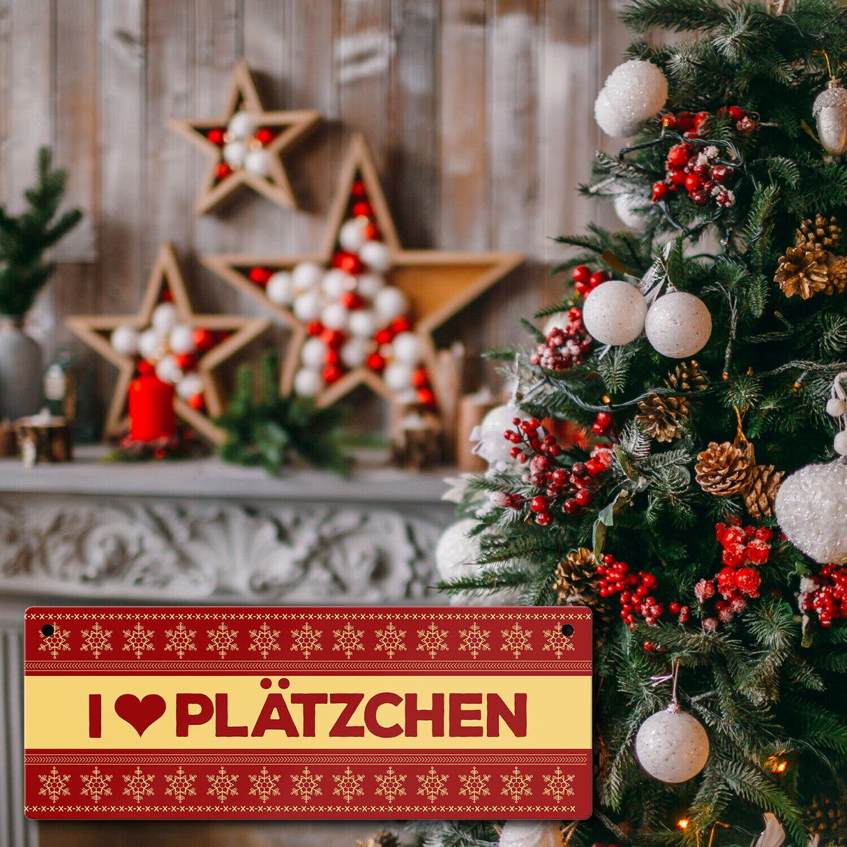 I love Plätzchen Metallschild mit Weihnachtsmuster Motiv - Weihnachten Herz Schnee Sterne Punkte Muster