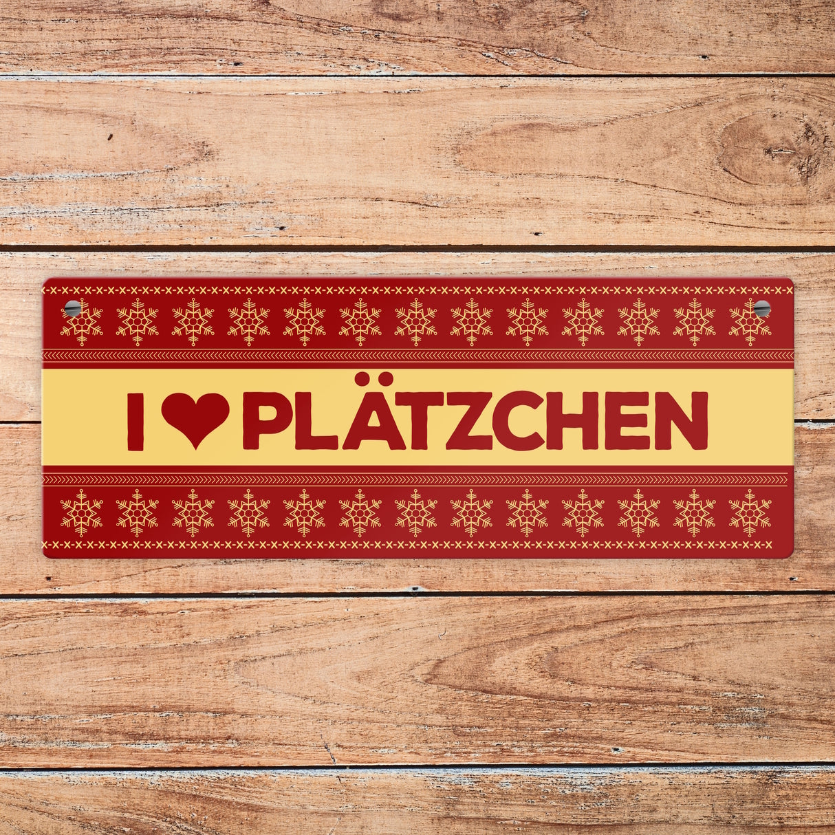 I love Plätzchen Metallschild mit Weihnachtsmuster Motiv - Weihnachten Herz Schnee Sterne Punkte Muster