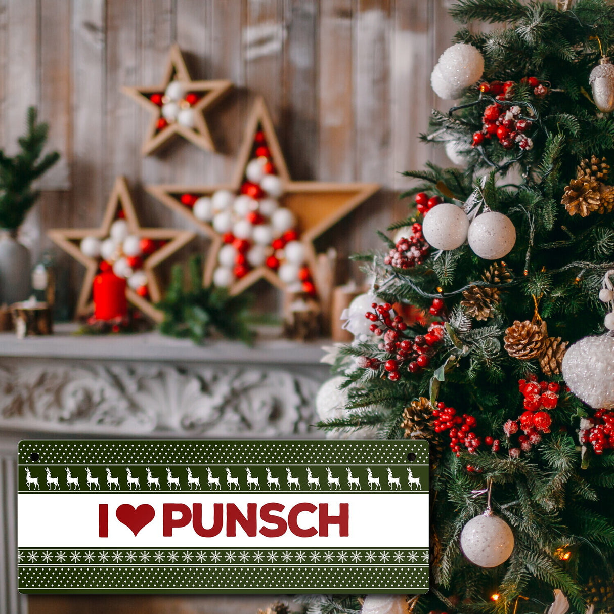 I love Punsch Metallschild mit Weihnachtsmuster Motiv Weihnachten Herz
