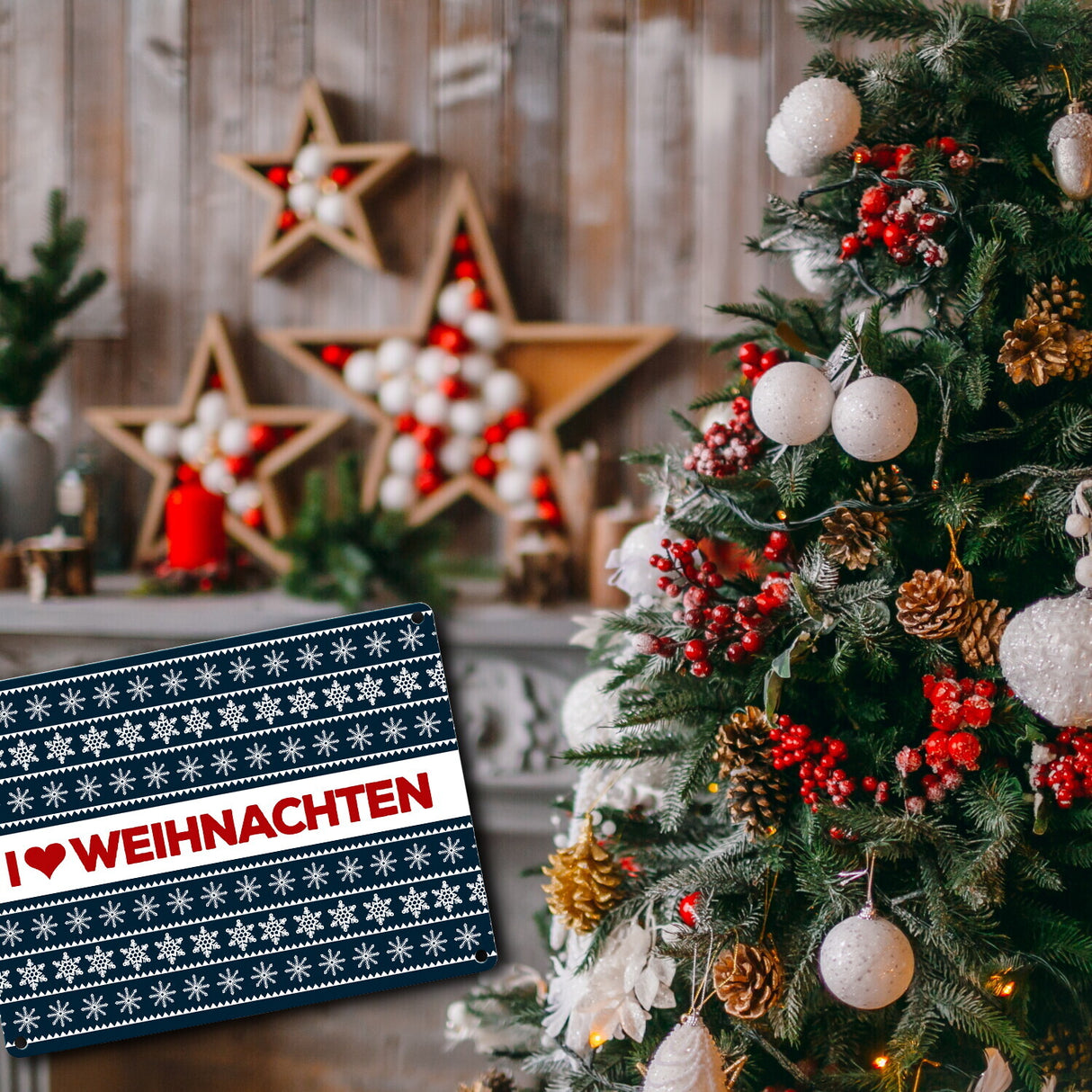 I love Weihnachten Metallschild mit Weihnachtsmuster Motiv - Weihnachten Herz Liebe Stern Schnee