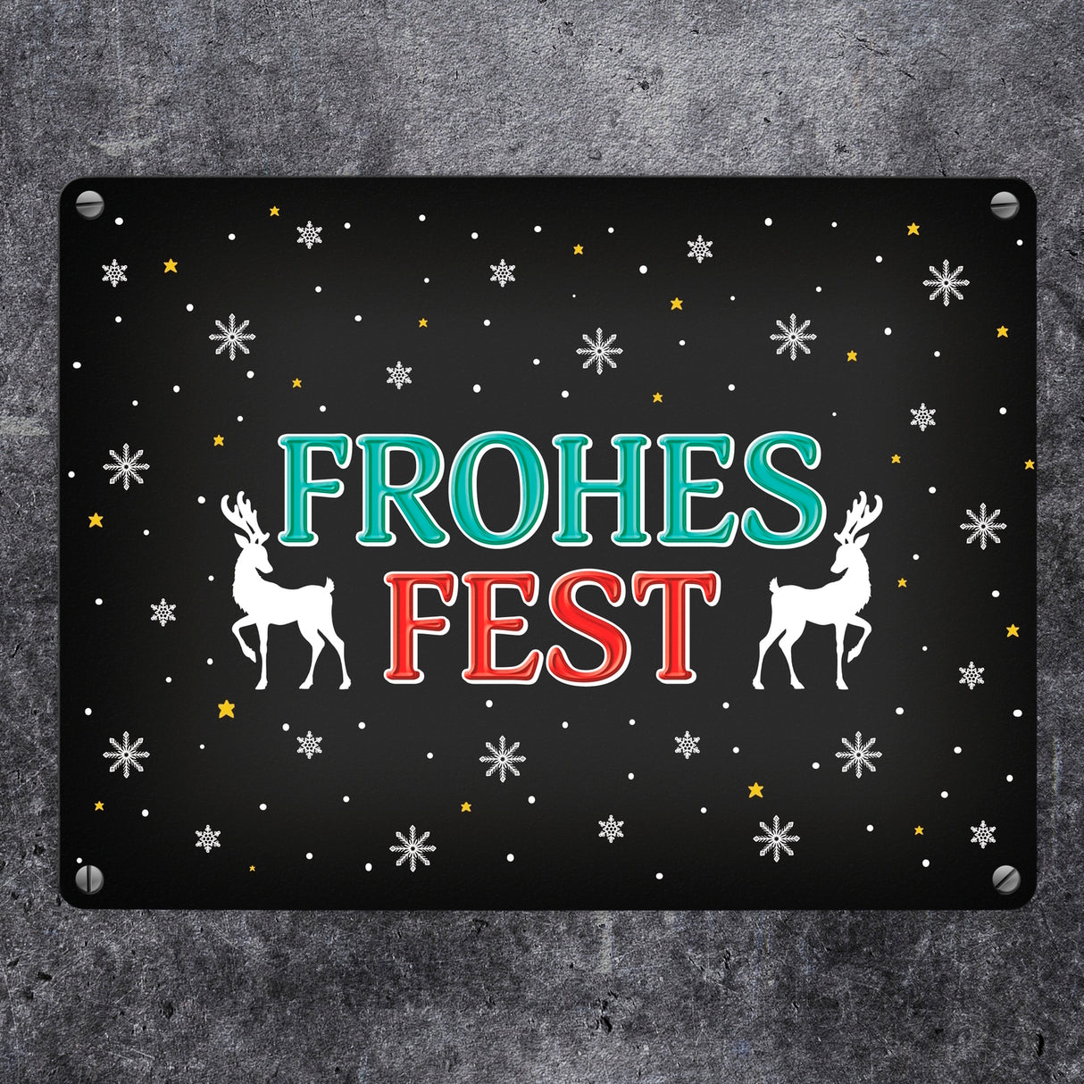 Frohes Fest Metallschild mit Rentier und Sterne Motiv
