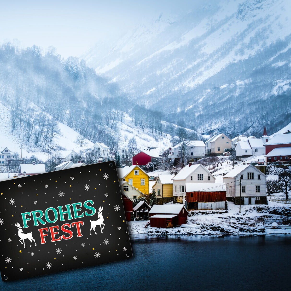 Frohes Fest Metallschild mit Rentier und Sterne Motiv