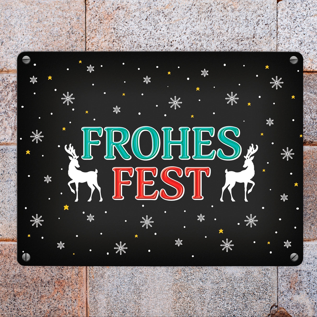Frohes Fest Metallschild mit Rentier und Sterne Motiv
