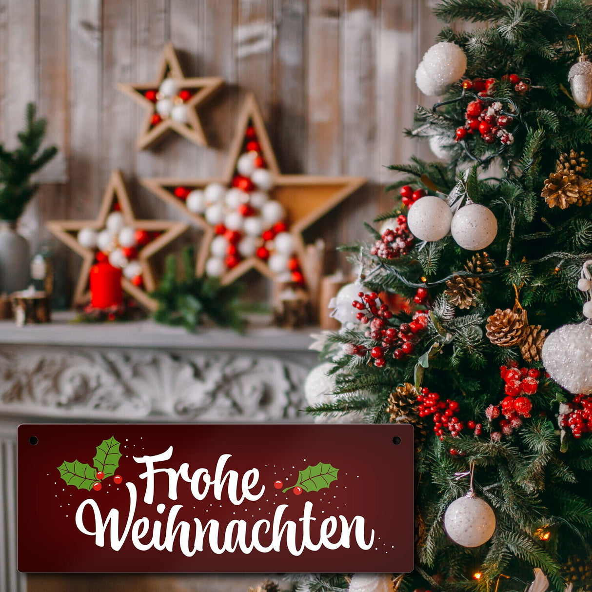 Frohe Weihnachten Metallschild mit Beeren und Blätter Motiv