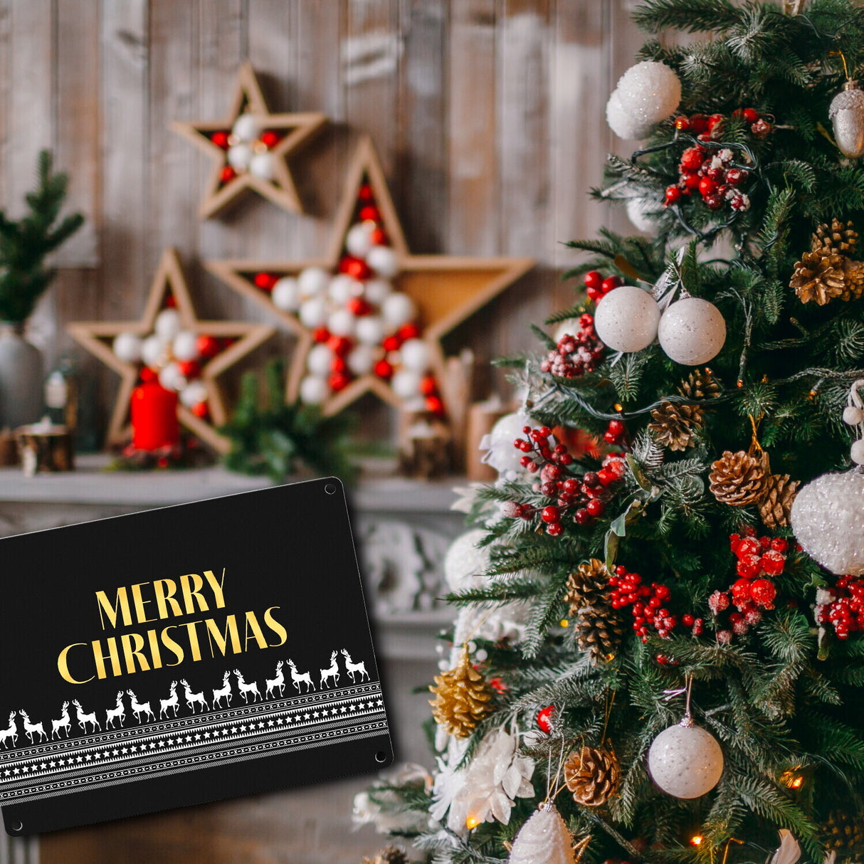 Merry Christmas Metallschild mit edlem Weihnachtsmuster Motiv