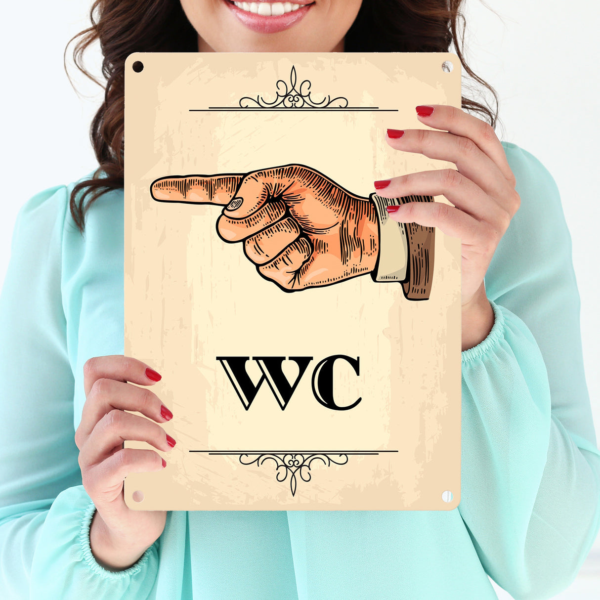 Vintage WC Richtungs Schild mit Hand nach links in beige