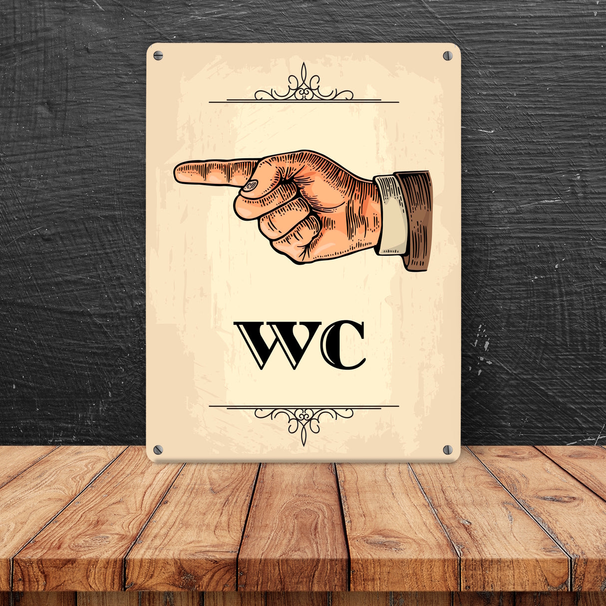 Vintage WC Richtungs Schild mit Hand nach links in beige