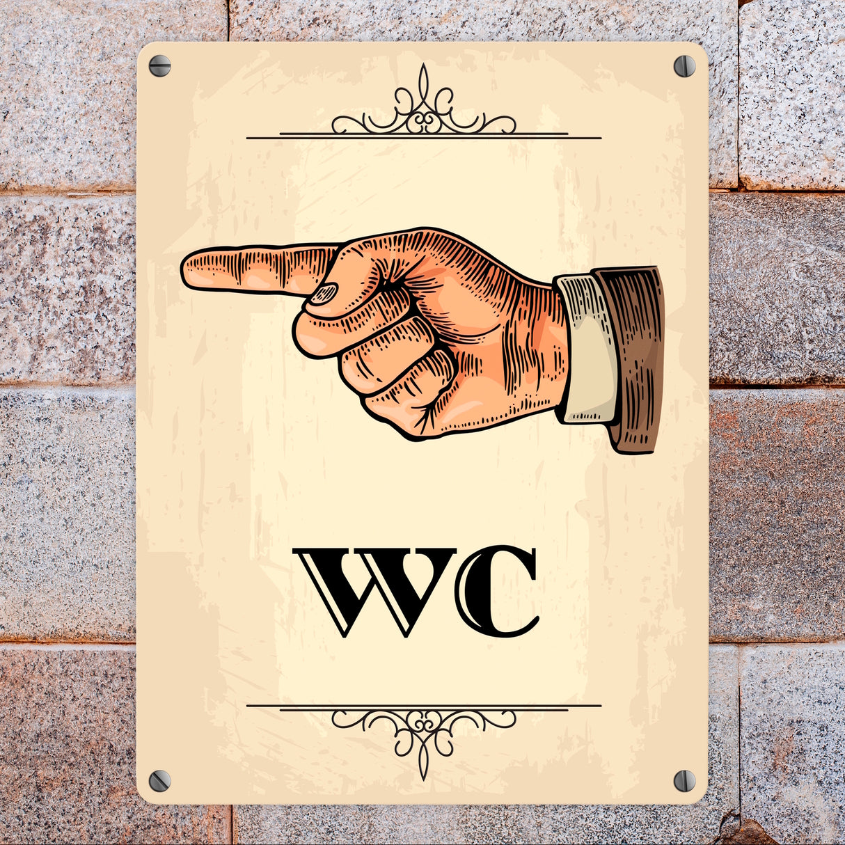 Vintage WC Richtungs Schild mit Hand nach links in beige