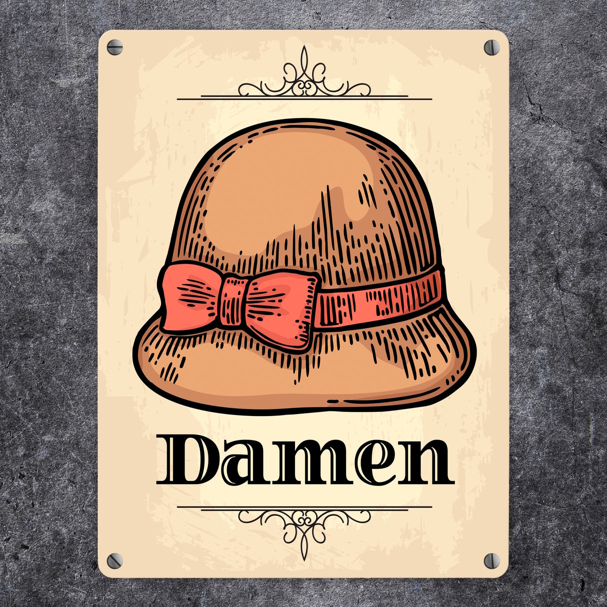 Vintage Damen WC Schild mit Damenhut in beige