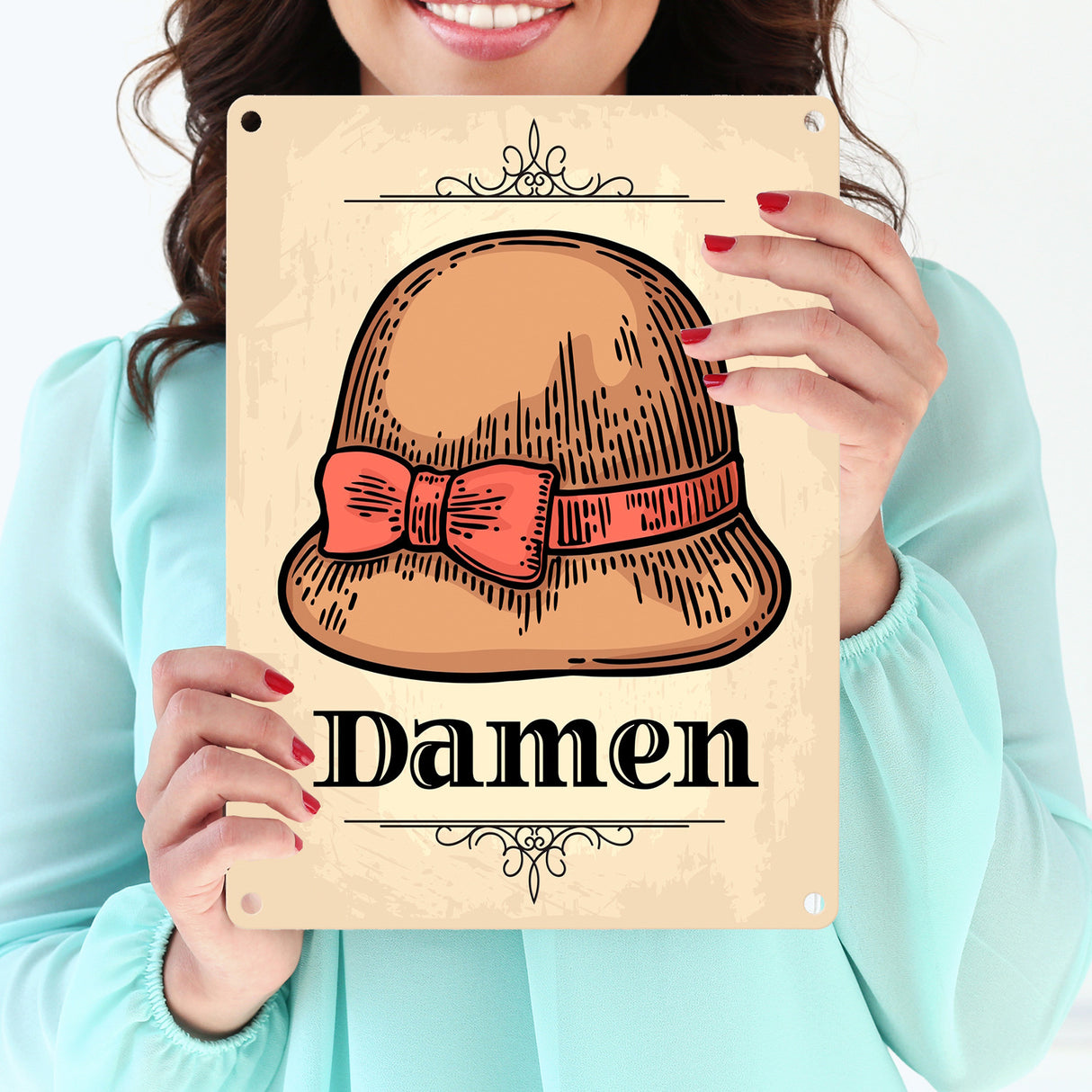 Vintage Damen WC Schild mit Damenhut in beige