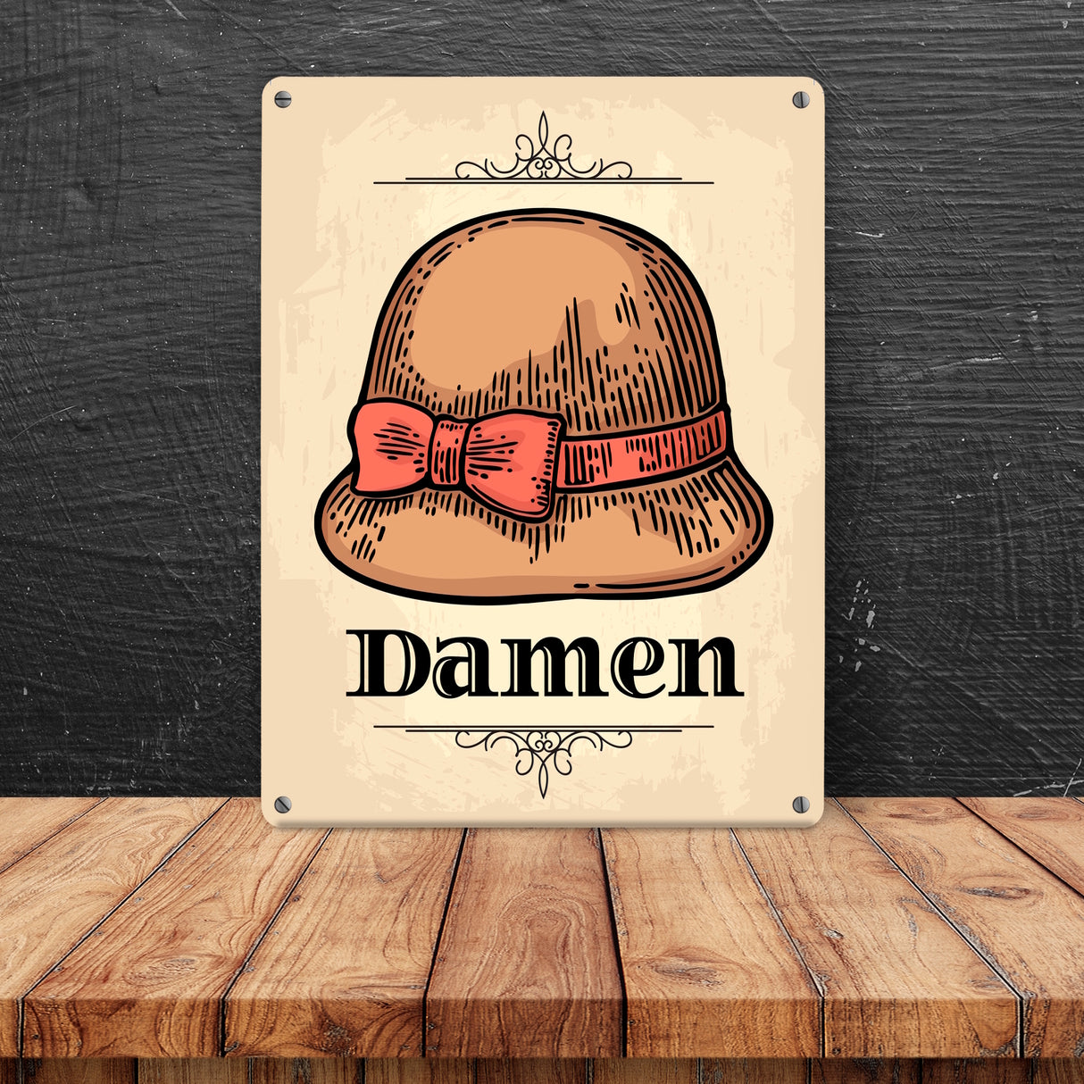 Vintage Damen WC Schild mit Damenhut in beige
