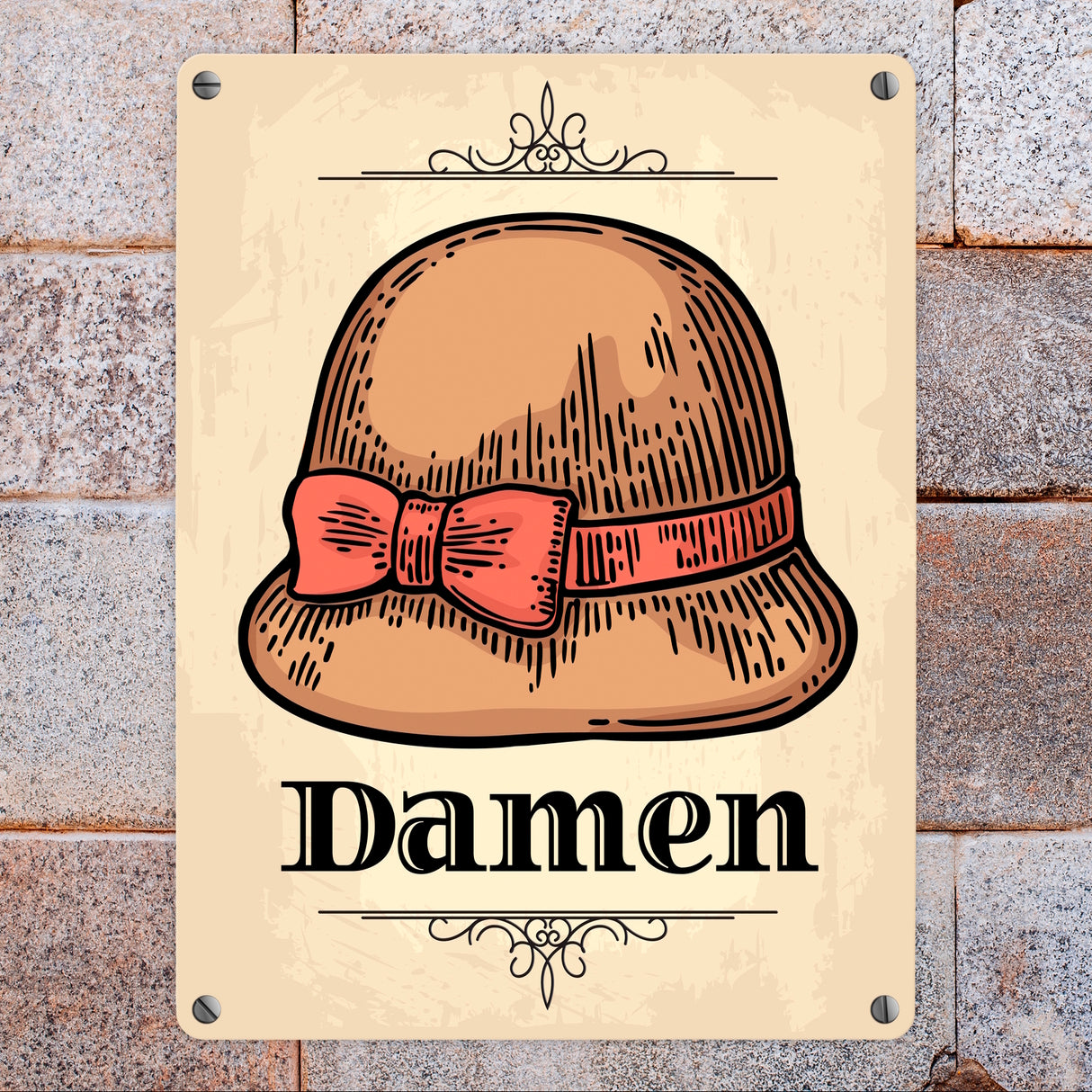 Vintage Damen WC Schild mit Damenhut in beige