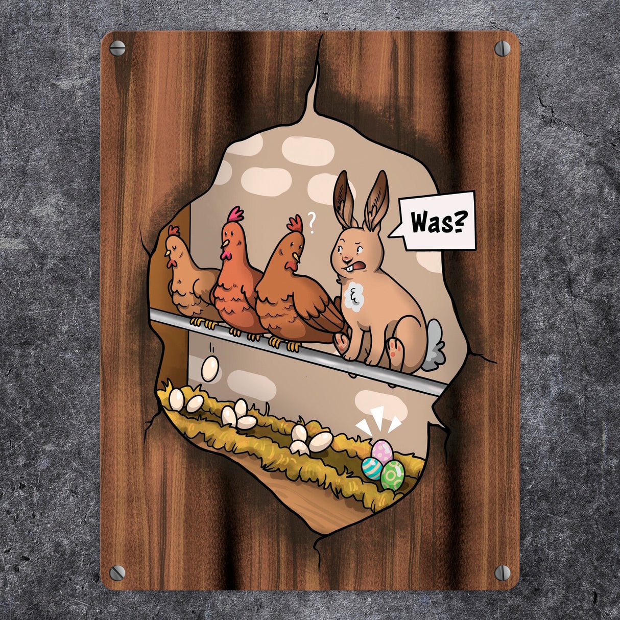 Ostern-Cartoon Metallschild mit Hühnerstall-Szene