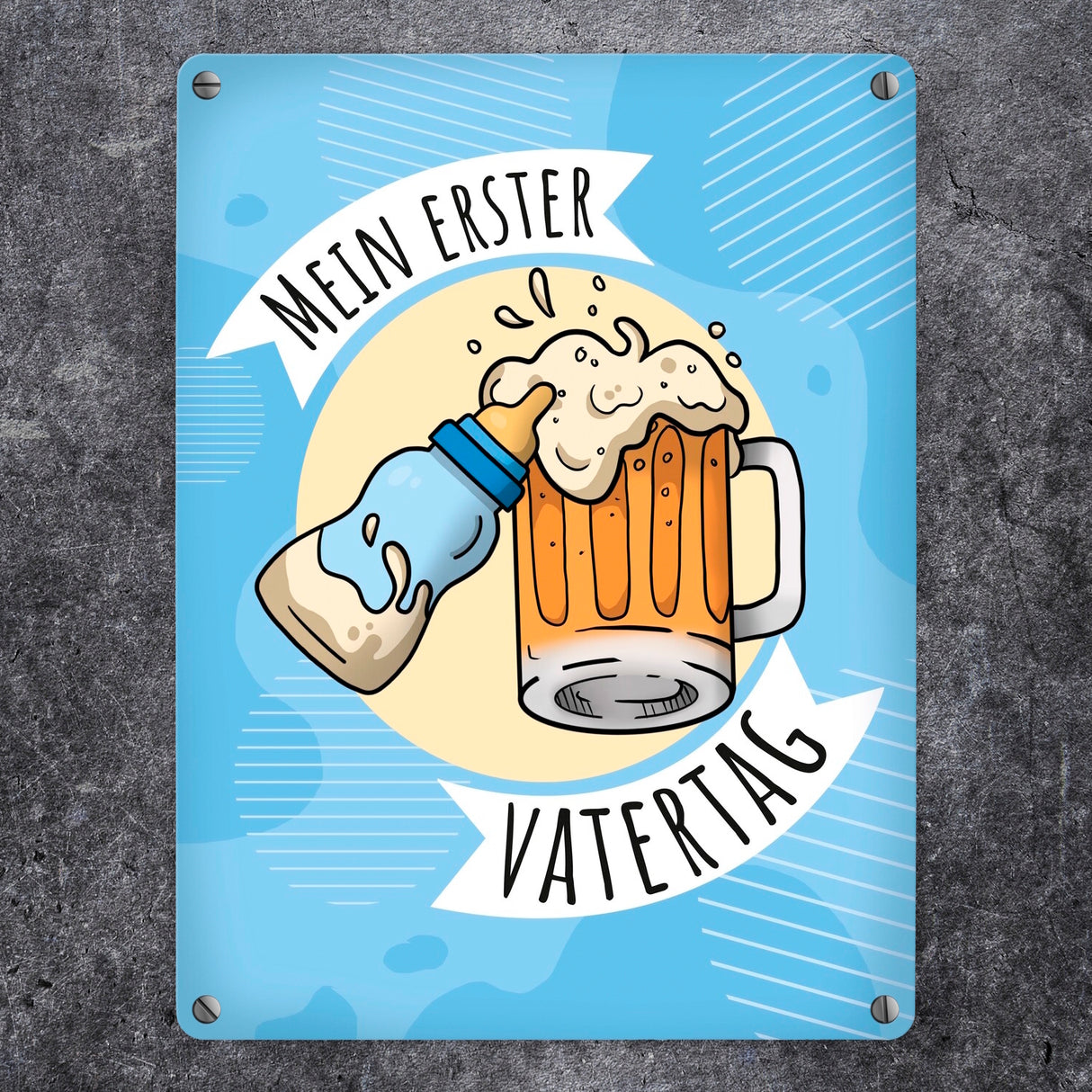 Mein erster Vatertag Metallschild mit Bier und Babyflasche Motiv