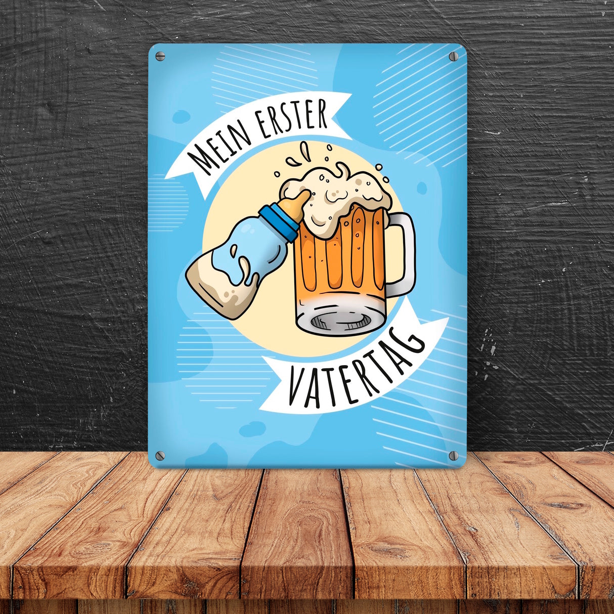 Mein erster Vatertag Metallschild mit Bier und Babyflasche Motiv