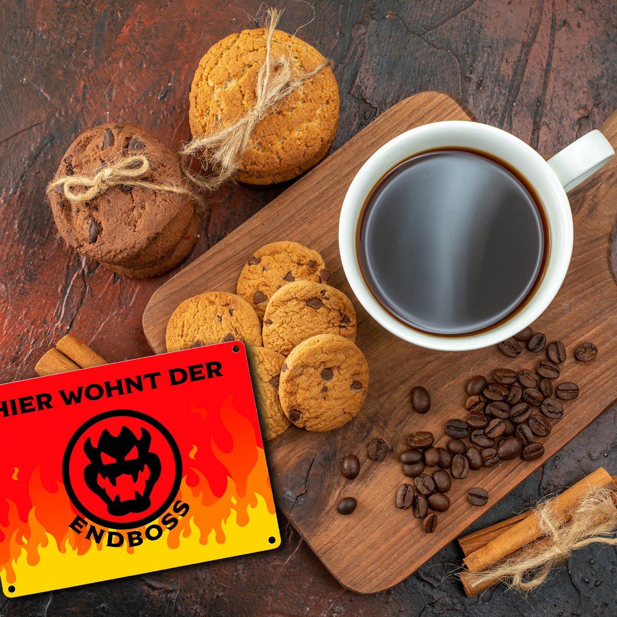 Hier wohnt der Endboss Metallschild mit Flammenmotiv