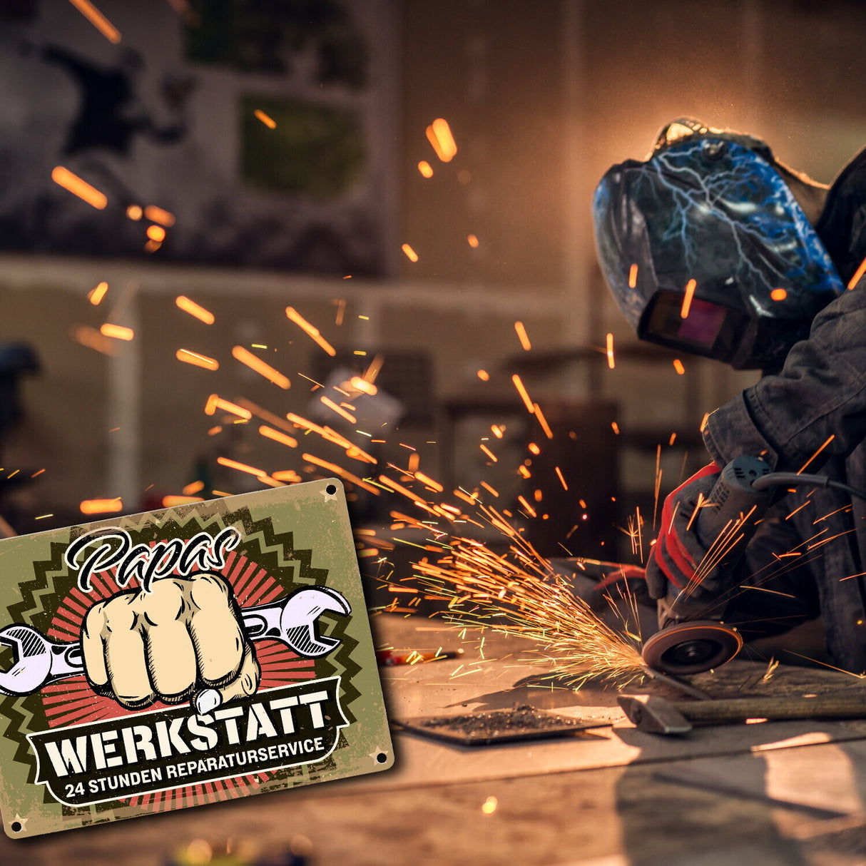 Papas Werkstatt Metallschild im rostigen Retrolook